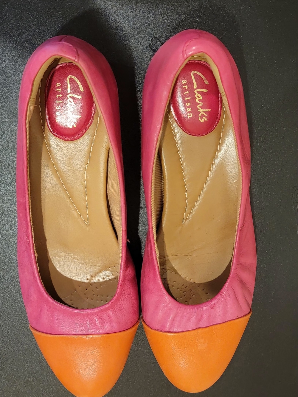 Clarks Two-Tone Pink and Orange Leather Flats